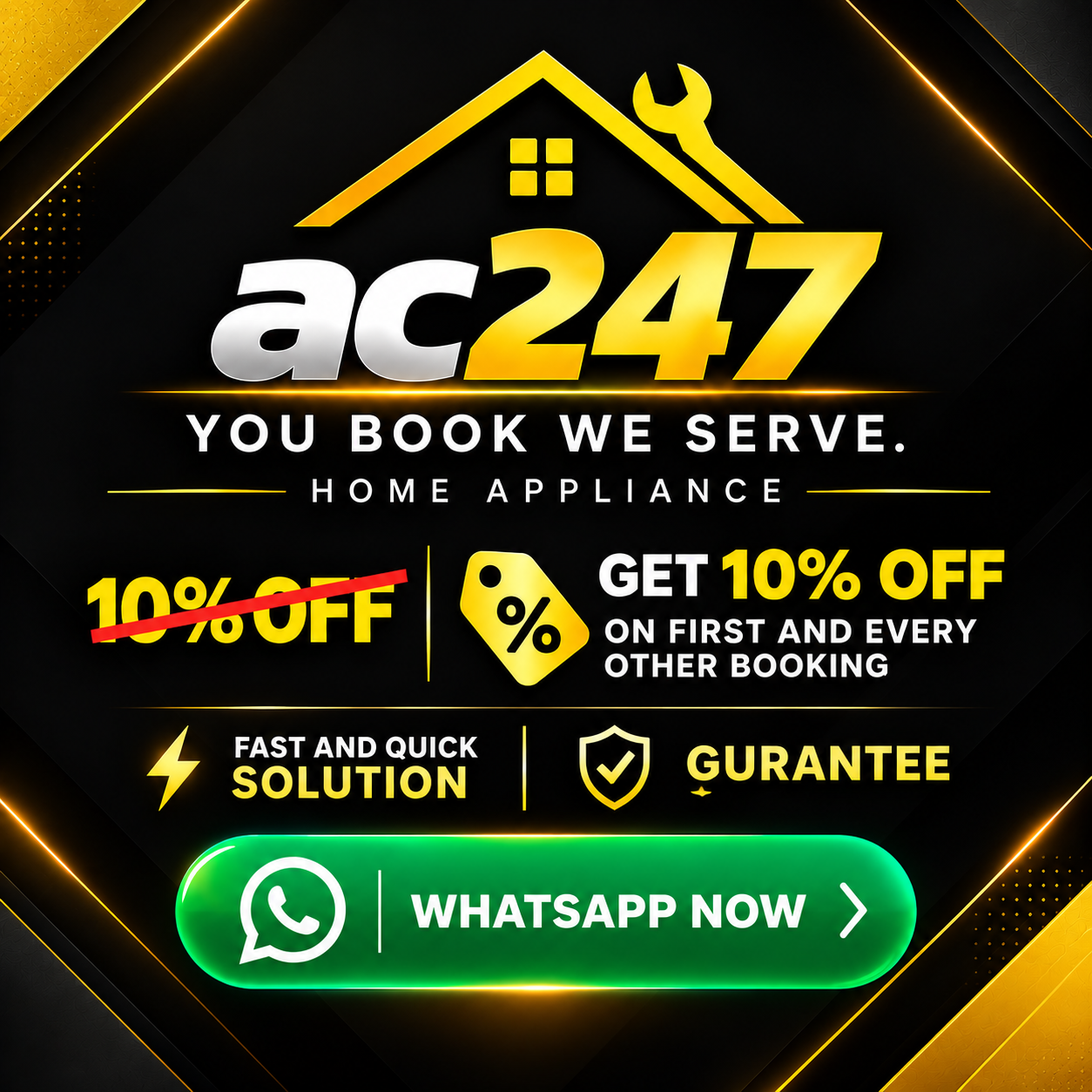 AC247 home appliance repair, ten percent off and WhatsApp booking