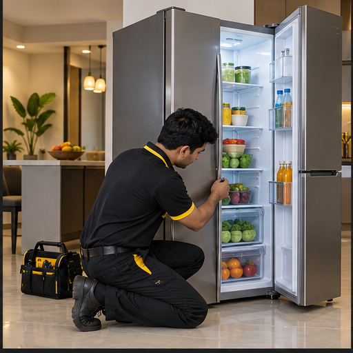 Technician repairing a refrigerator