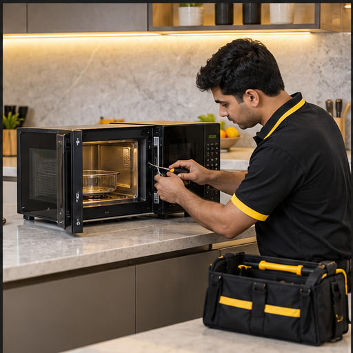 Technician repairing a microwave